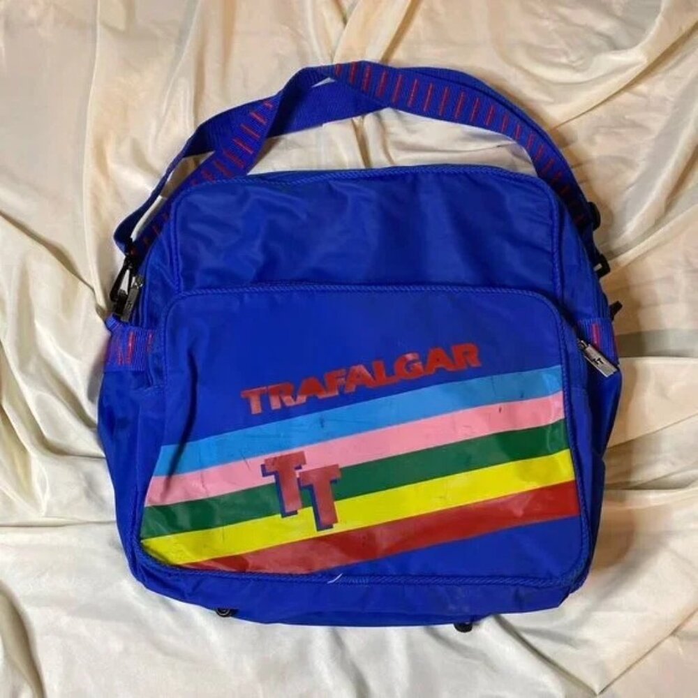 Trafalgar Tours - Vintage 80s Blue Rainbow Messenger Shoulder Strap Carry On Bag